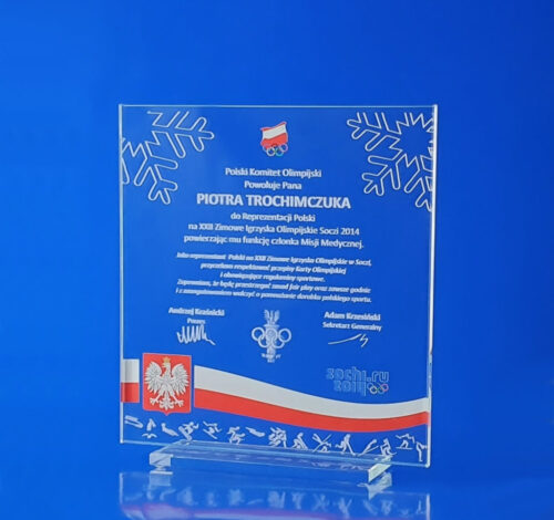 szklane dyplomy tablice informacyjne szklany dyplom ze szkła odbarwionego, połączenie techniki grawerowania wewnątrz szkła i nadruku UV, PKOL