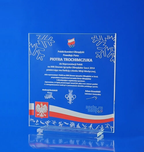 szklane dyplomy tablice informacyjne szklany dyplom ze szkła odbarwionego, połączenie techniki grawerowania wewnątrz szkła i nadruku UV, PKOL