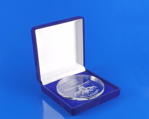 80mm crystal medal with 3D engraving in a blue flocked etui