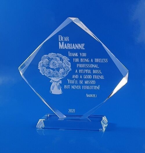 Róże grawerowane w szkle, Bukiet róż w szkle na prezent dla Szefowej, róże z grawerem w szkle na prezent