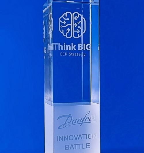 oryginalne statuetki na zamówienie z grawerem 3d, kryształowa bryła z grawerem 3d, szklana statuetka z grawerem 3d oraz ozdobnym piaskowaniem, statuetka Danfoss Think Big dla najlepszych, mózg grawerowany w szkle