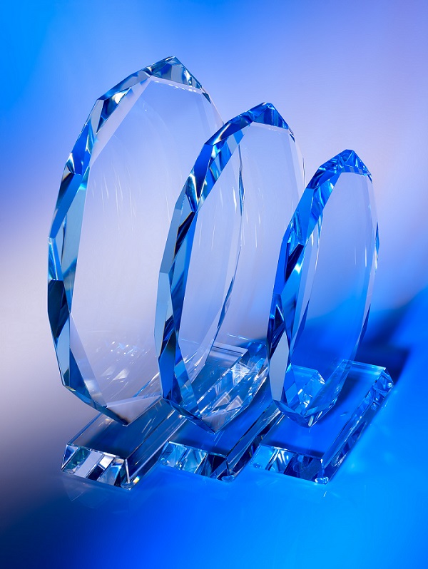 szklane statuetki okazjonalne oktagon, szklane nagrody w konkursie dla najlepszego sprzedawcy z grawerem