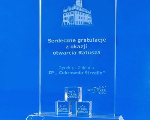 glass award, crystal sugar cubes, glass occasional statuette with congratulations on the opening of the Town Hall after reconstruction. Crystal cubes with a 3D logo engraving promote the Sugar Factory in an interesting way