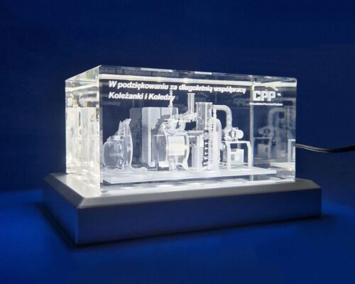 a 3D furnace award with backlight as a thank you for your cooperation A 3D model of the furnace engraved in a block of crystal glass is an ideal business gift 3D furnace in crystal, a gift for a retiring employee 3D furnace design in glass - award for best sellers