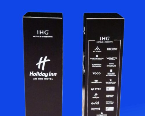 glass award black custom tombstone IHG Hotels & Resorts prestigious award to celebrate the opening of a new hotel statuette made of crystal glass with an impressive print on each side the black print around the glass award makes the crystal seem all black if you are looking for a award, that has graphics on each side, the crystal cuboid is perfect for this there are inscriptions and logos on each side of the glass block You are organizing the opening of a new office, you need awards to celebrate the completion of the investment – write to us Together we will create glass awards and glass gifts Laser 3D manufacturer of crystal glass awards since 2000