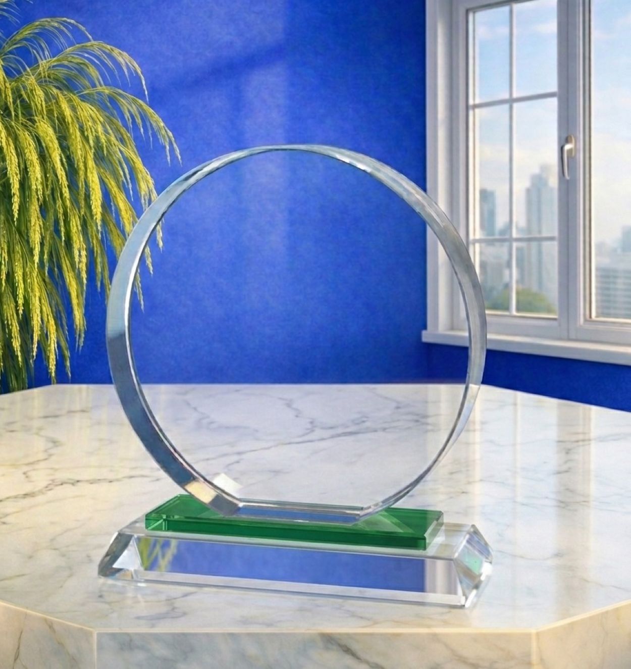Nowoczesna szklana nagroda biznesowa premiun z zielonym paskiem, personalizowane trofeum korporacyjne z logo 3D