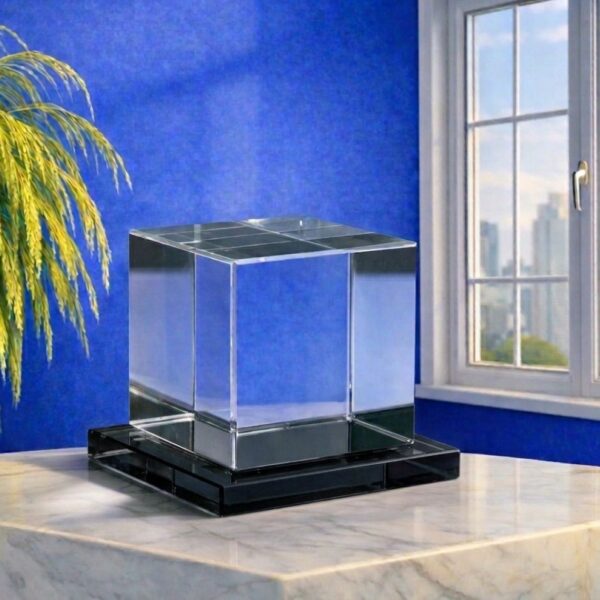 Szklana statuetka biznesowa 3D Prestiż i Elegancja (Kostka z czarną podstawą)
