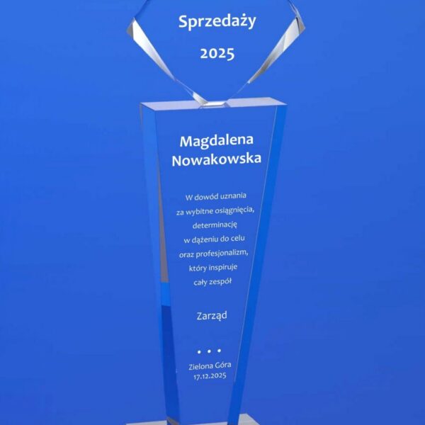 Szklana statuetka z grawerem 3D „Lider Sprzedaży” prestiżowa nagroda biznesowa
